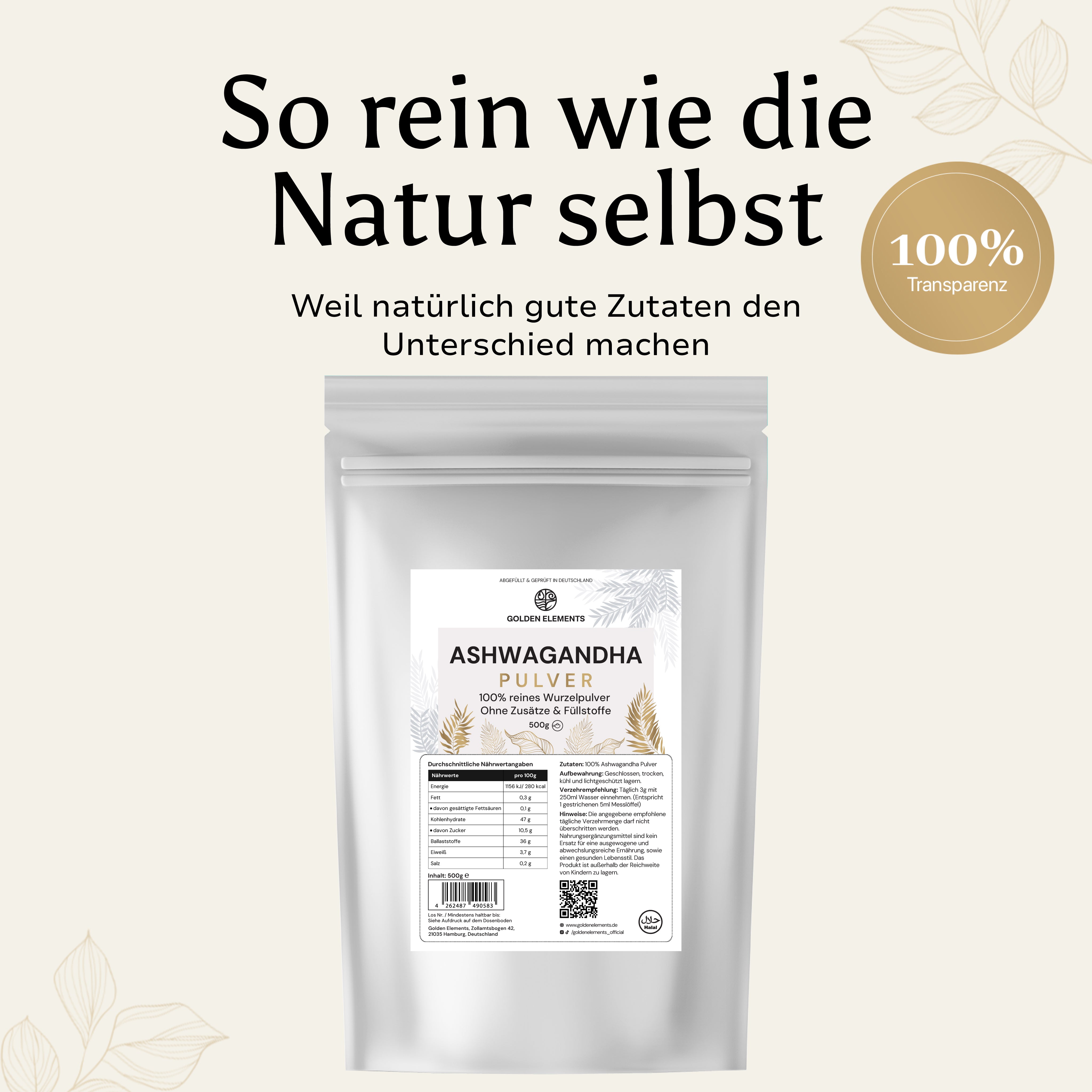 Produktverpackung von Golden Elements Ashwagandha Pulver mit Slogan „So rein wie die Natur selbst