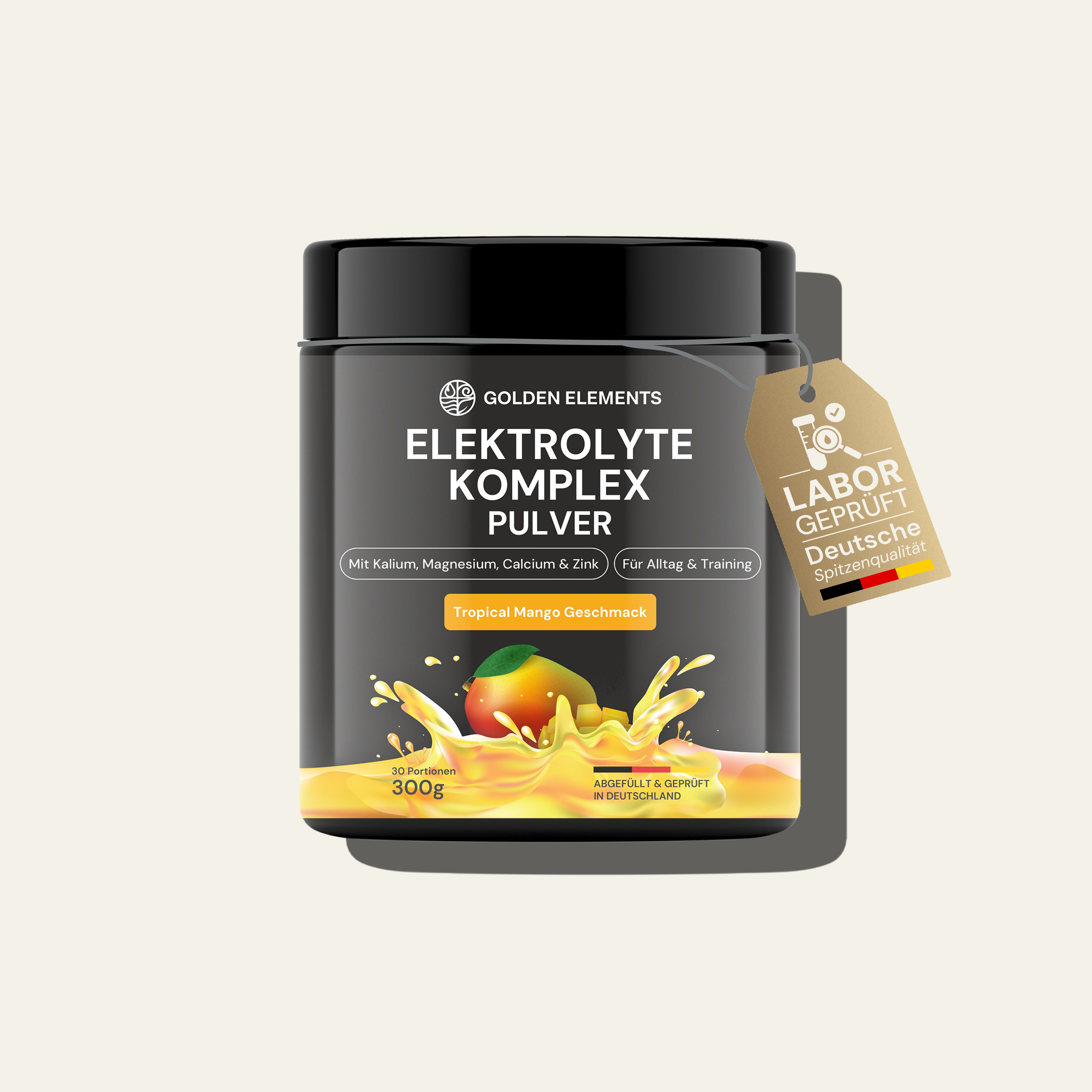 Golden Elements Elektrolyte Komplex Pulver Mango Geschmack – Hauptproduktbild des Elektrolyt-Pulvers im schwarzen Premiumbehälter