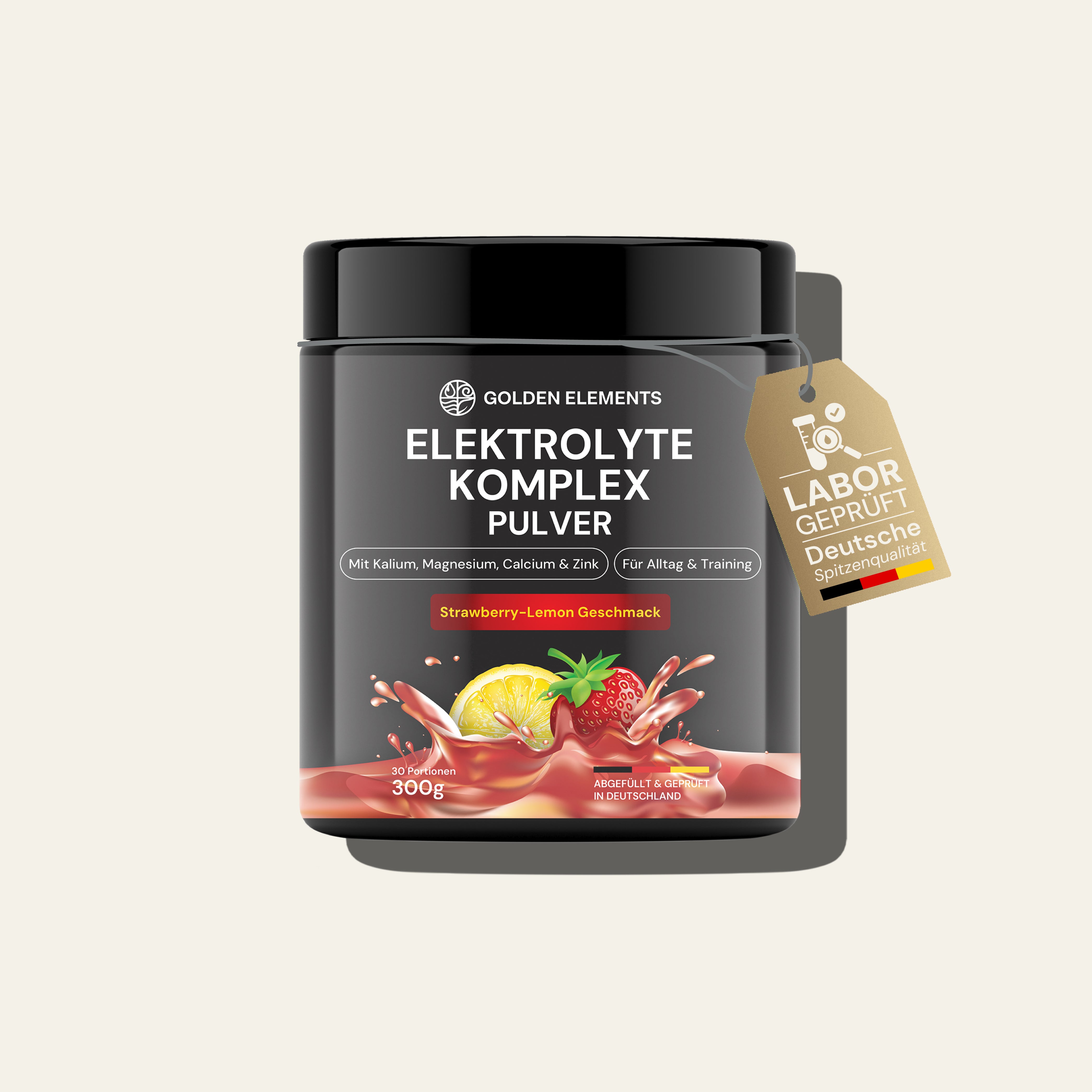 Golden Elements Elektrolyte Komplex Pulver Strawberry-Lemon Geschmack – Hauptproduktbild des Elektrolyt-Pulvers im schwarzen Premiumbehälter