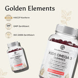 Golden Elements Omega-3 Gummies Kids mit dargestellten HACCP-, GMP- und ISO-22000-Qualitätsstandards