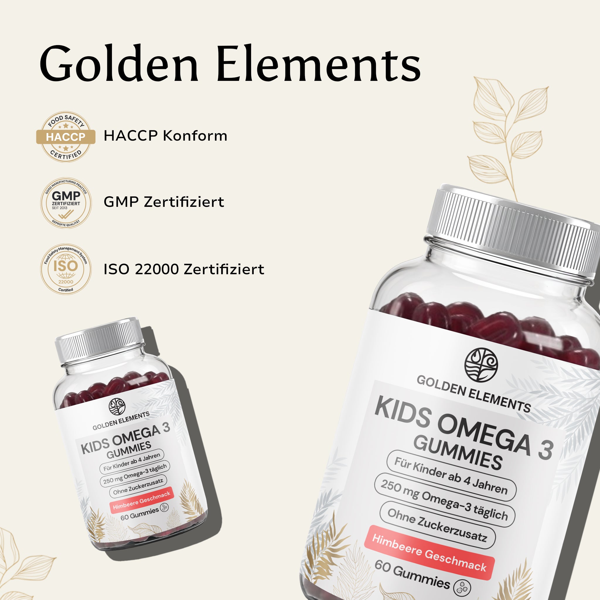 Golden Elements Omega-3 Gummies Kids mit dargestellten HACCP-, GMP- und ISO-22000-Qualitätsstandards