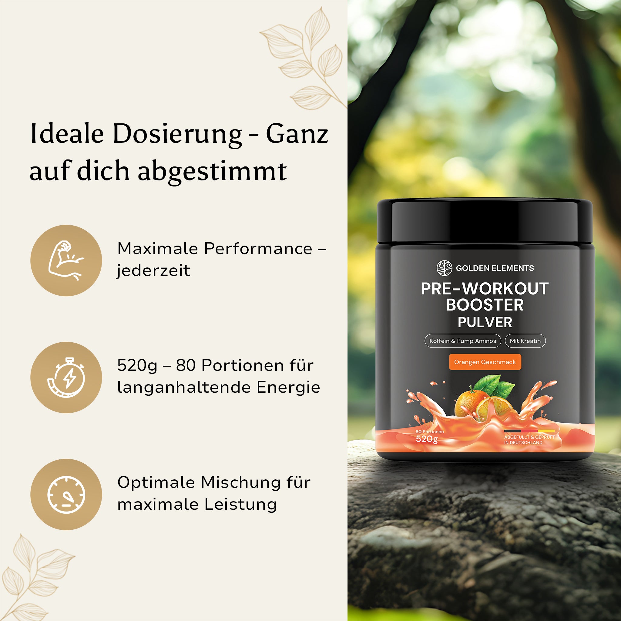 Golden Elements Pre-Workout Booster Pulver Orange Geschmack – Produktdarstellung mit Dosierungsangaben und Anwendungshinweisen