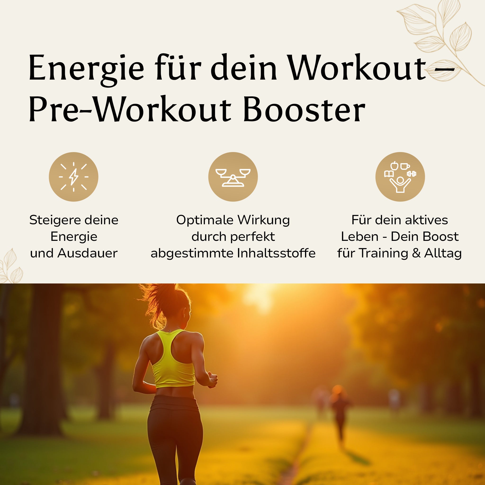 Golden Elements Pre-Workout Booster Pulver Orange Geschmack – Lifestyle-Mockup mit Fokus auf Energie, Fokus und Trainingsleistung