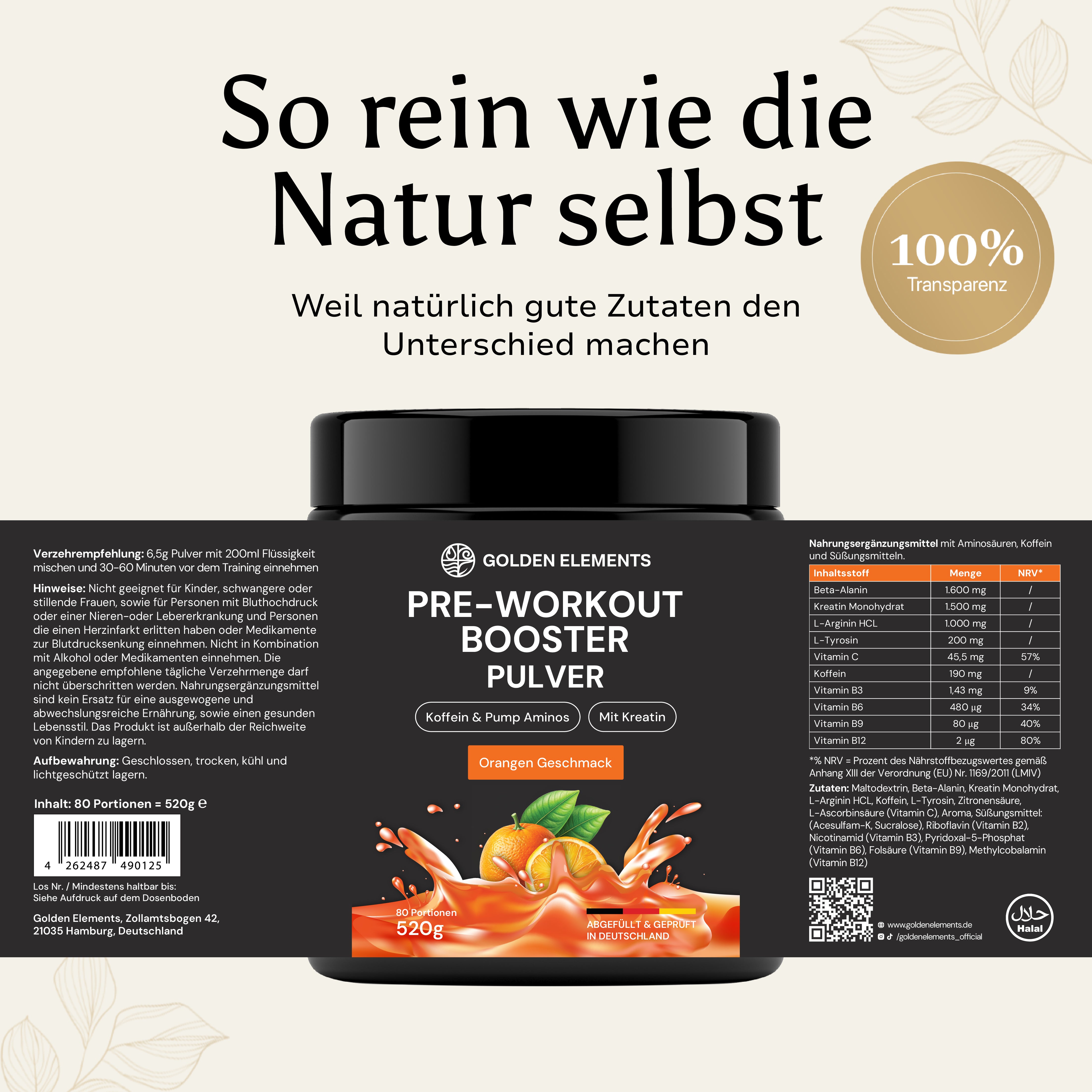 Golden Elements Pre-Workout Booster Pulver Orange Geschmack – Rückseitenansicht mit Zutatenliste und Nährwertangaben