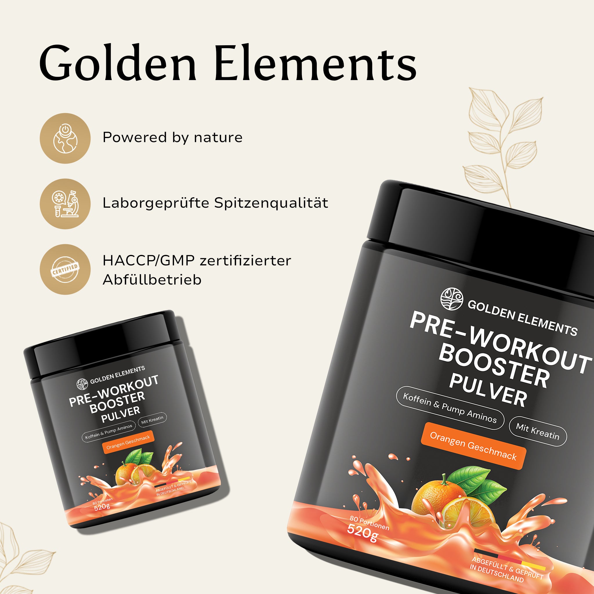 Golden Elements Pre-Workout Booster Pulver Orange Geschmack – Vergleichsgrafik mit herkömmlichen Pre-Workout-Boostern