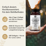 Golden Elements Vitamin D3 Softgels – Produktfoto in der Hand mit Informationen zur Dosierung und einfachen Einnahme