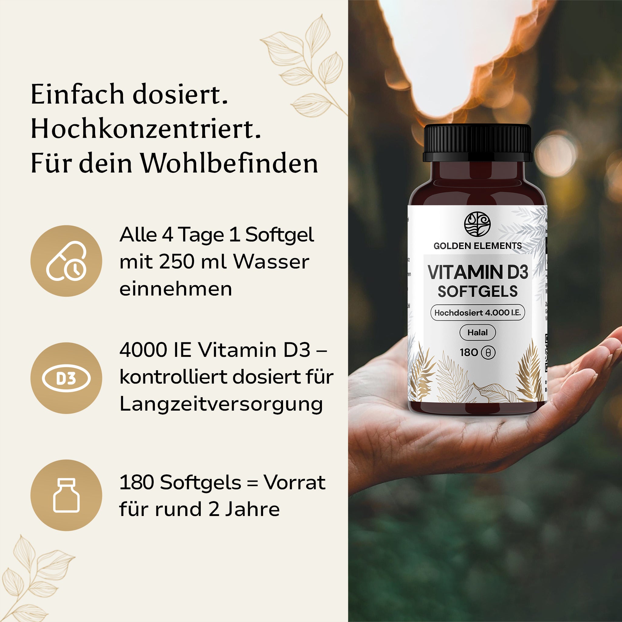 Golden Elements Vitamin D3 Softgels – Produktfoto in der Hand mit Informationen zur Dosierung und einfachen Einnahme