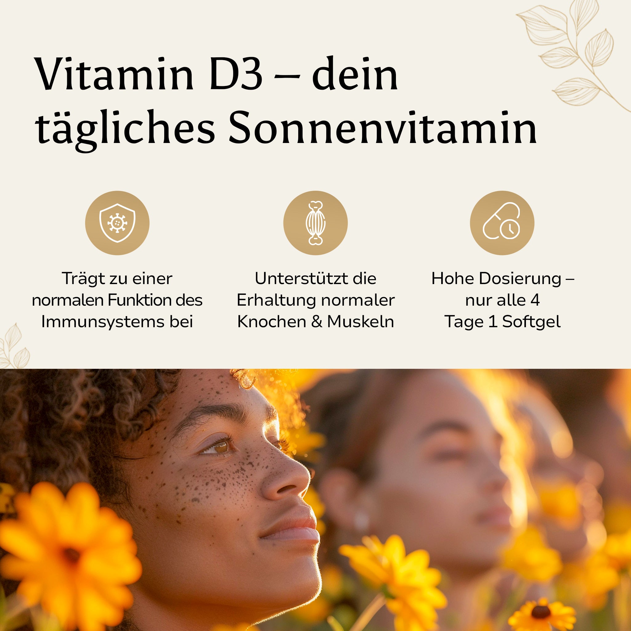 Golden Elements Vitamin D3 Softgels – Lifestyle-Mockup mit Sonnenlicht und Fokus auf tägliche Vitamin-D-Versorgung