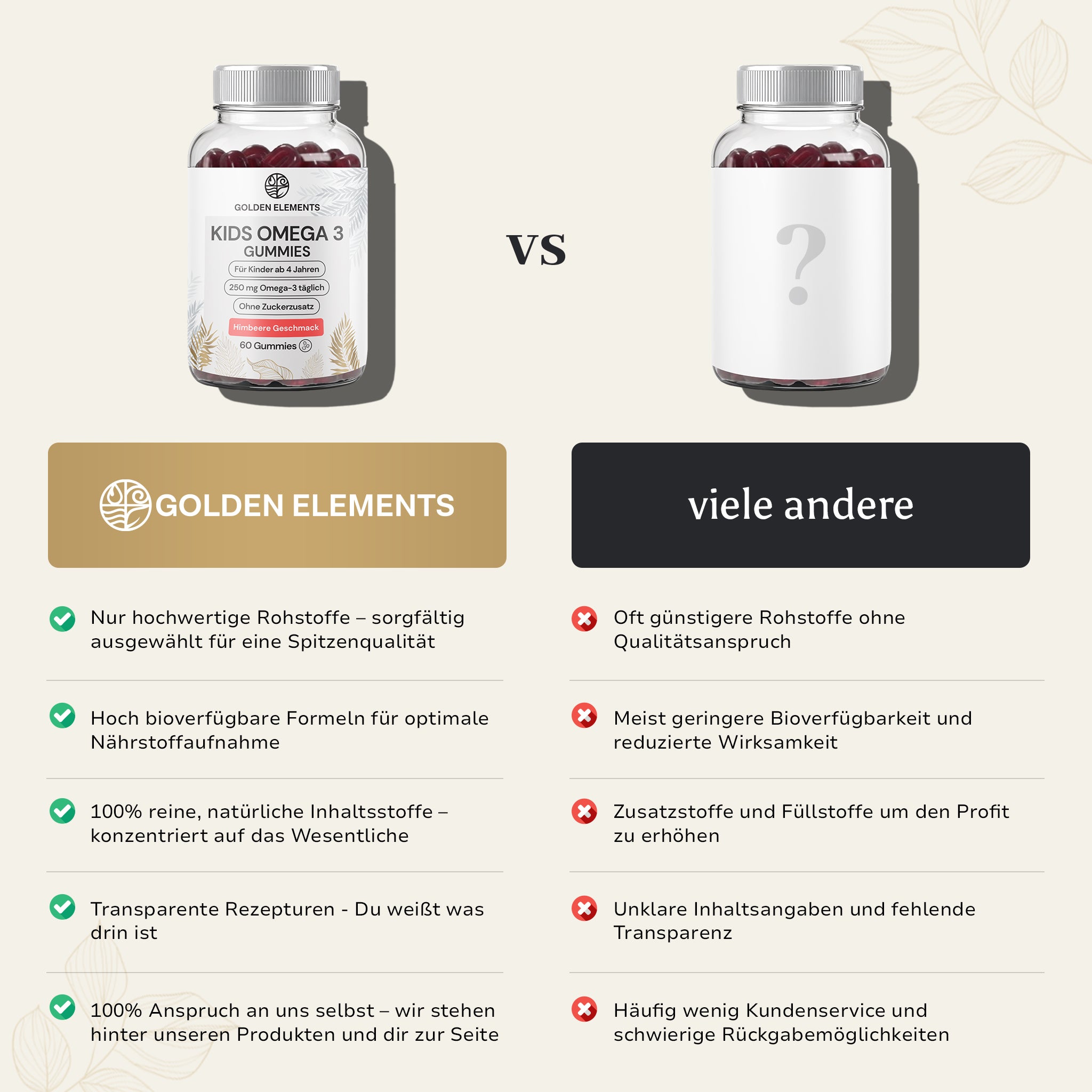 Vergleich der Golden Elements Omega-3 Gummies Kids mit anderen Omega-3-Produkten für Kinder